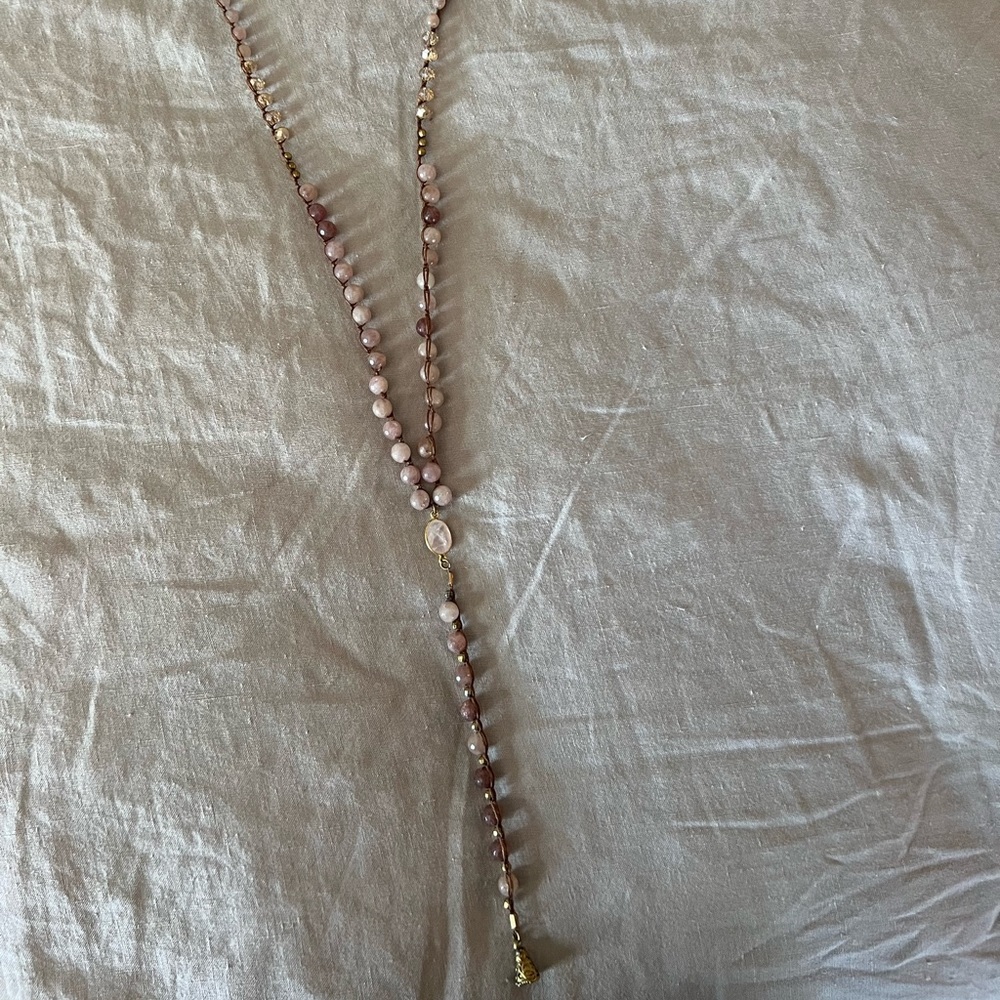 Pink and mauve long necklace with bronze and gold hardware
